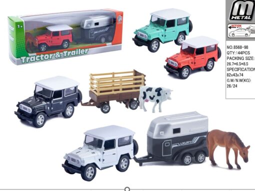 DIECAST CAR & TRAILER W ANIMAL PULL BACK